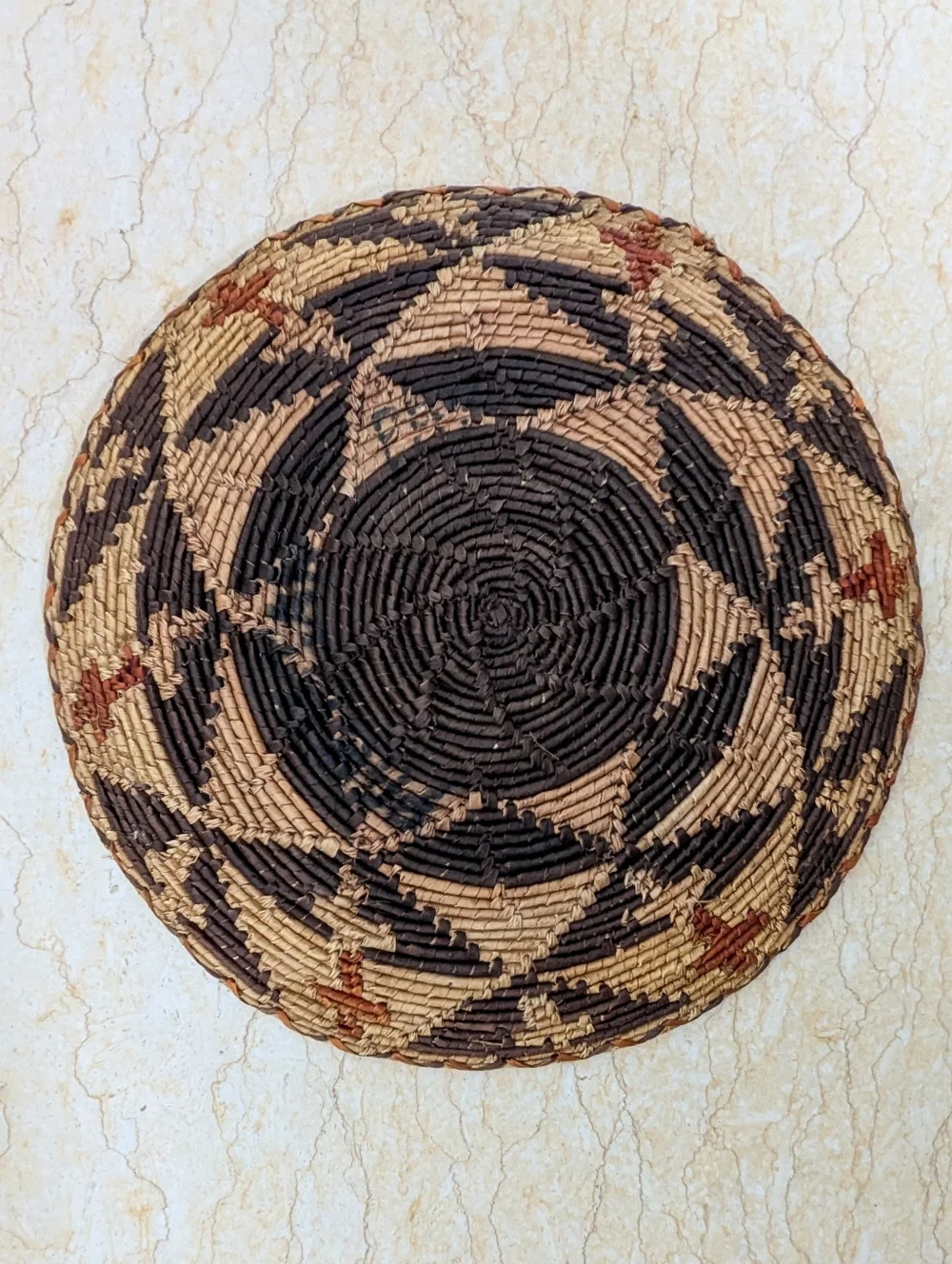 Vintage Tohono O'odham Flat Hand Woven Round Basket Tray Mid Century